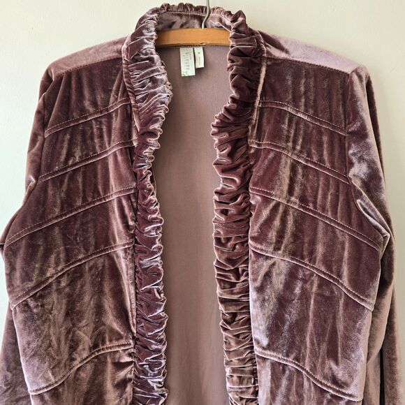 Sahalie Purple Velvet Open Front Cardigan Ruffle Seam Long Sleeved Fairy Boho M - Picture 5 of 7